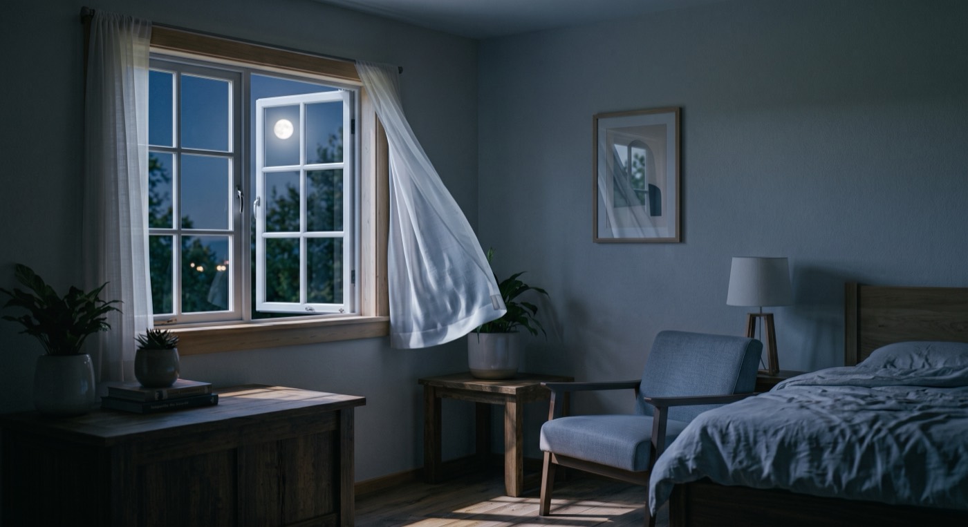 A bedroom at night with the casement window swung open to the cool air, and the same room by day with it closed against the sun