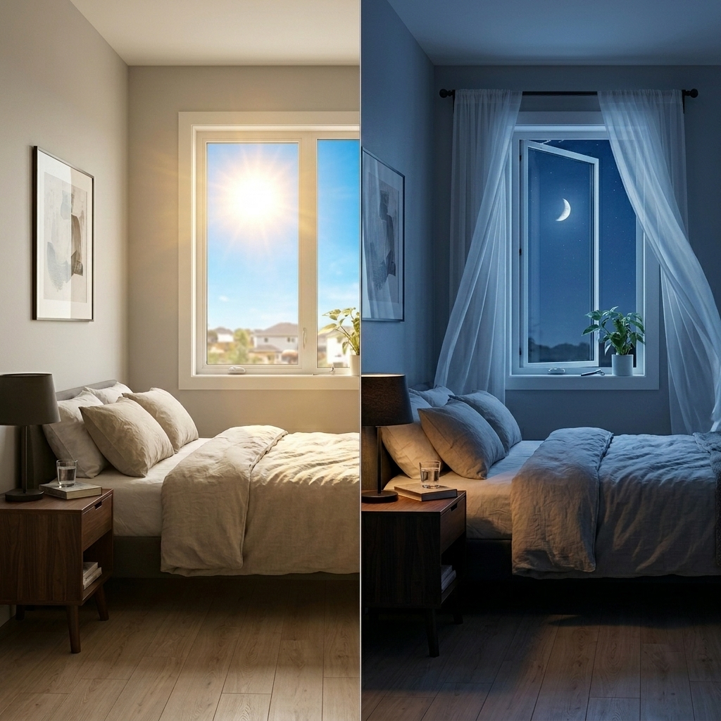 Split scene showing a closed hot window by day and open cool window at night