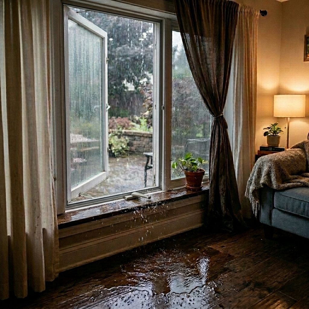 Rain coming through an open casement window onto a wooden floor