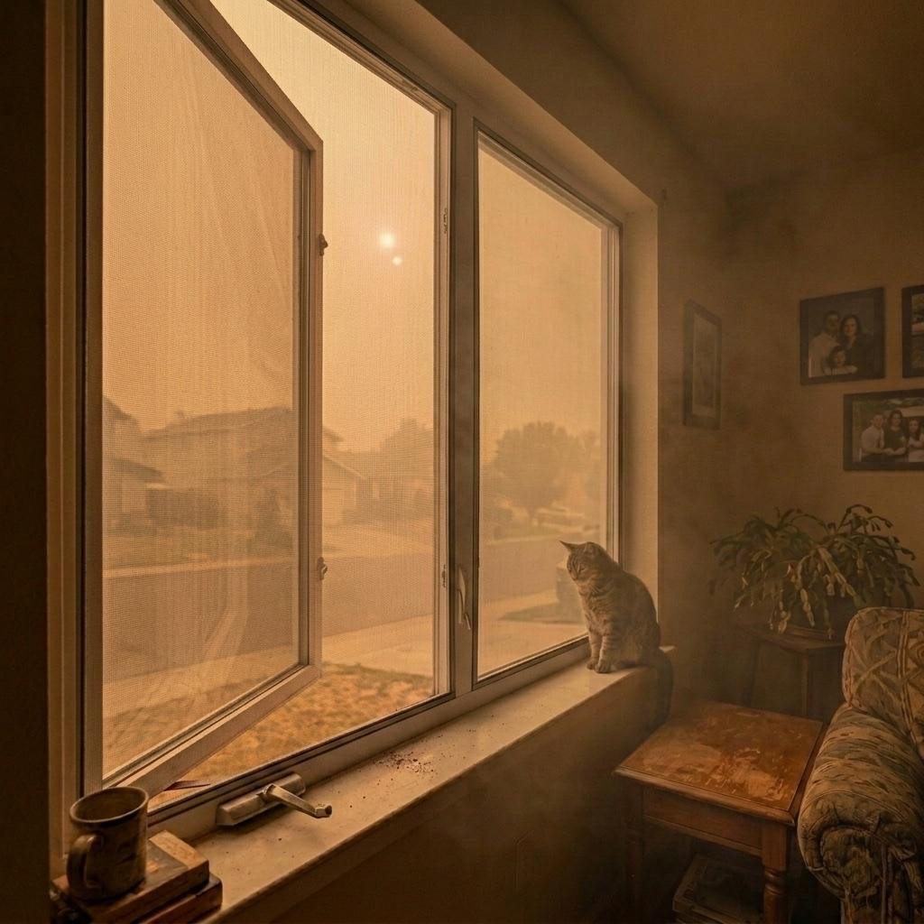 A cat on the windowsill of a closed window with wildfire smoke outside